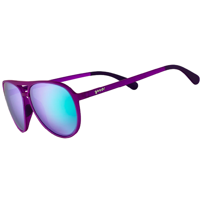 Purple aviator-style sunglasses with iridescent blue-purple mirrored lenses, side angle view