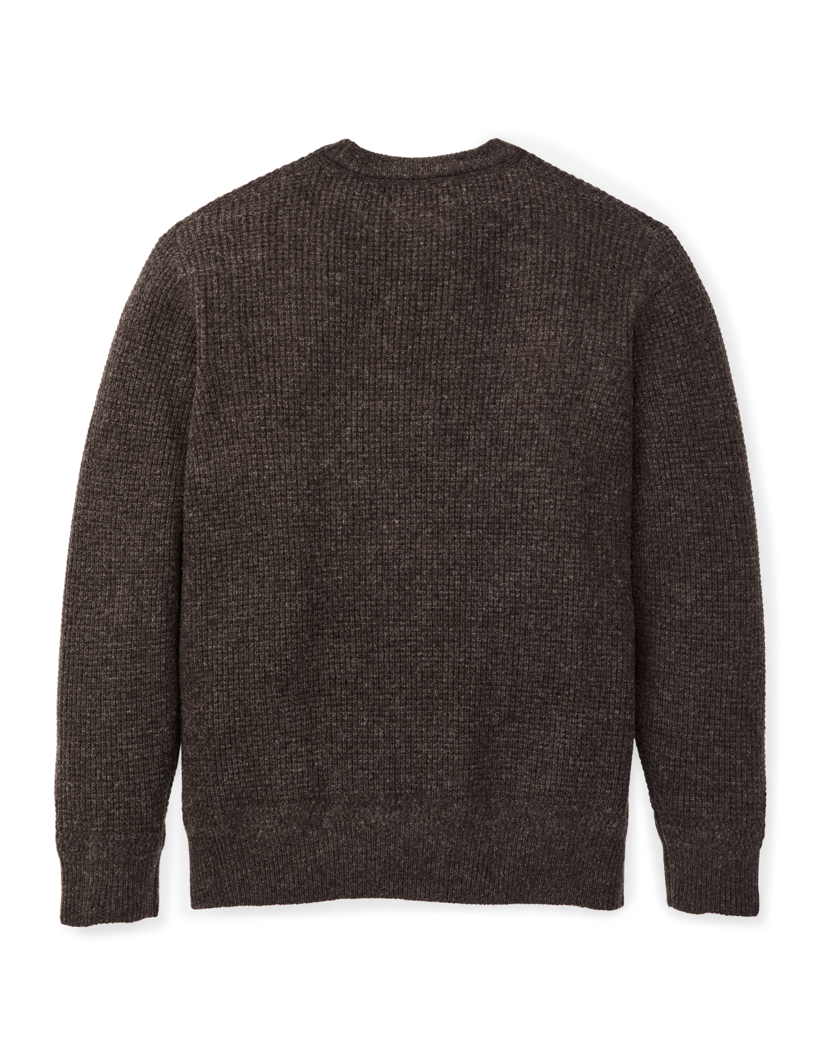 Men's waffle knit crewneck sweater in dark brown heather, back view, long sleeves