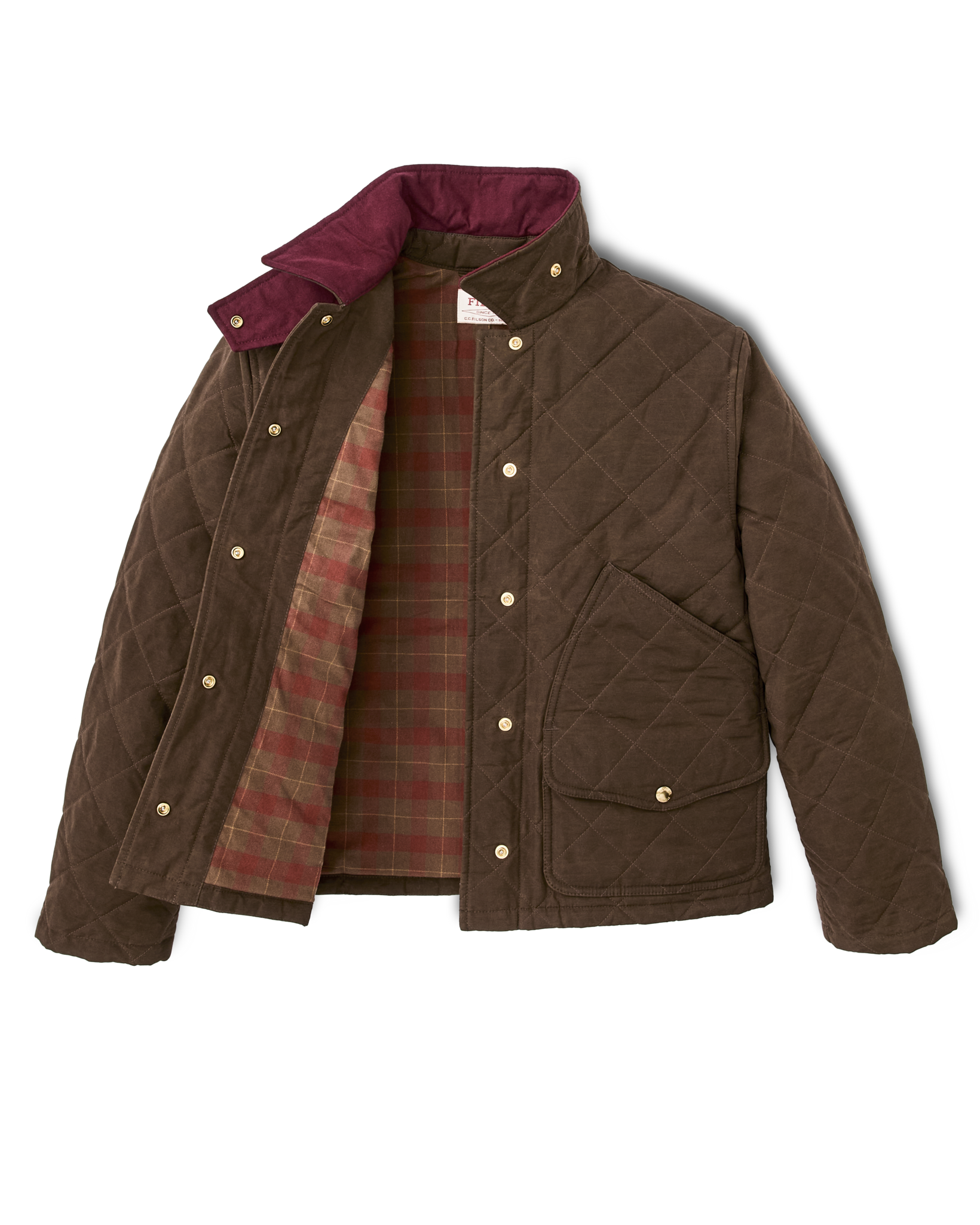 Quilted brown jacket with snap buttons, plaid lining, stand collar, and chest pocket, open front view