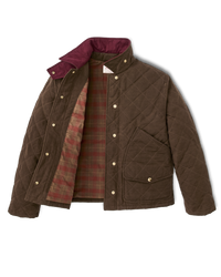 Quilted brown jacket with snap buttons, plaid lining, stand collar, and chest pocket, open front view