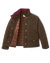Quilted brown jacket with snap buttons, plaid lining, stand collar, and chest pocket, open front view