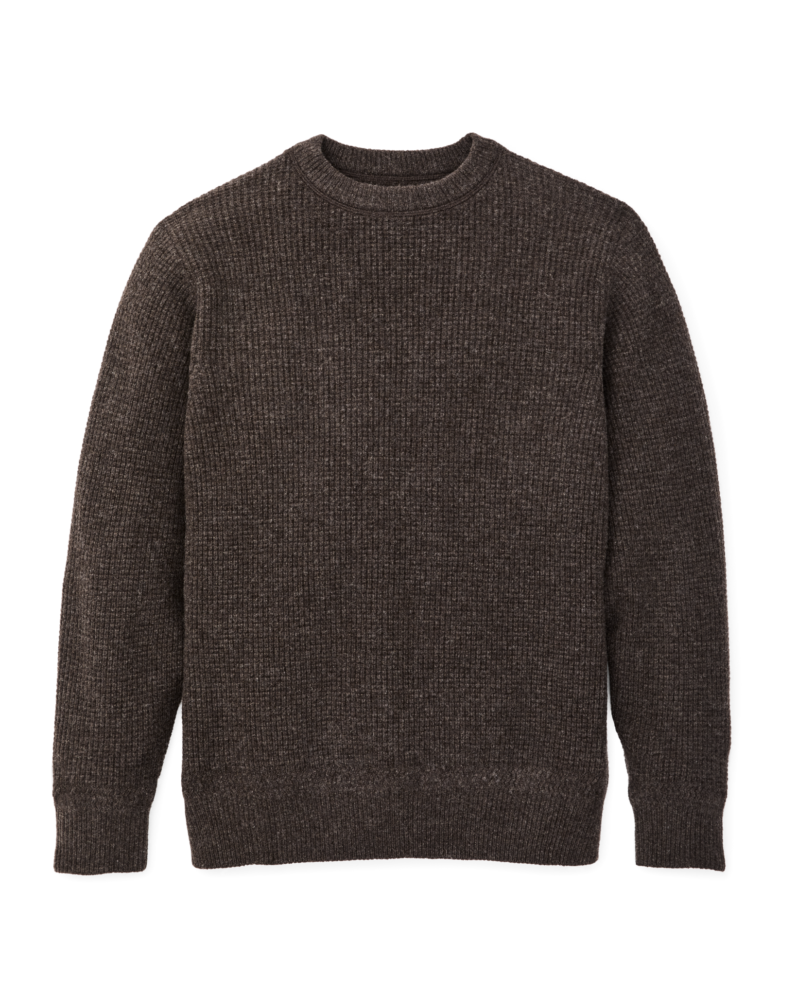 Dark brown heather waffle knit crewneck sweater with ribbed cuffs and hem, front view