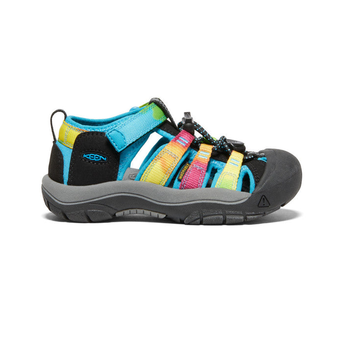 Children's closed-toe sport sandal with colorful rainbow striped webbing straps and black toe protection