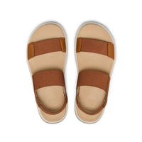 Brown leather sandals with canvas straps and backstrap, top-down view on white background