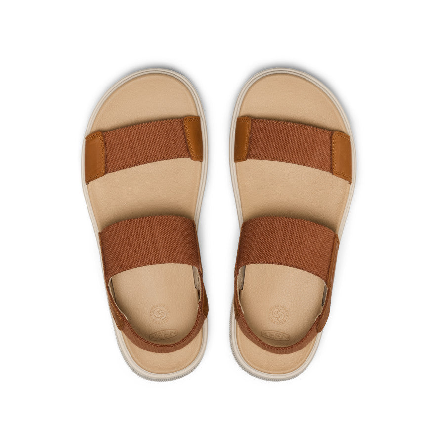 Brown leather sandals with canvas straps and backstrap, top-down view on white background