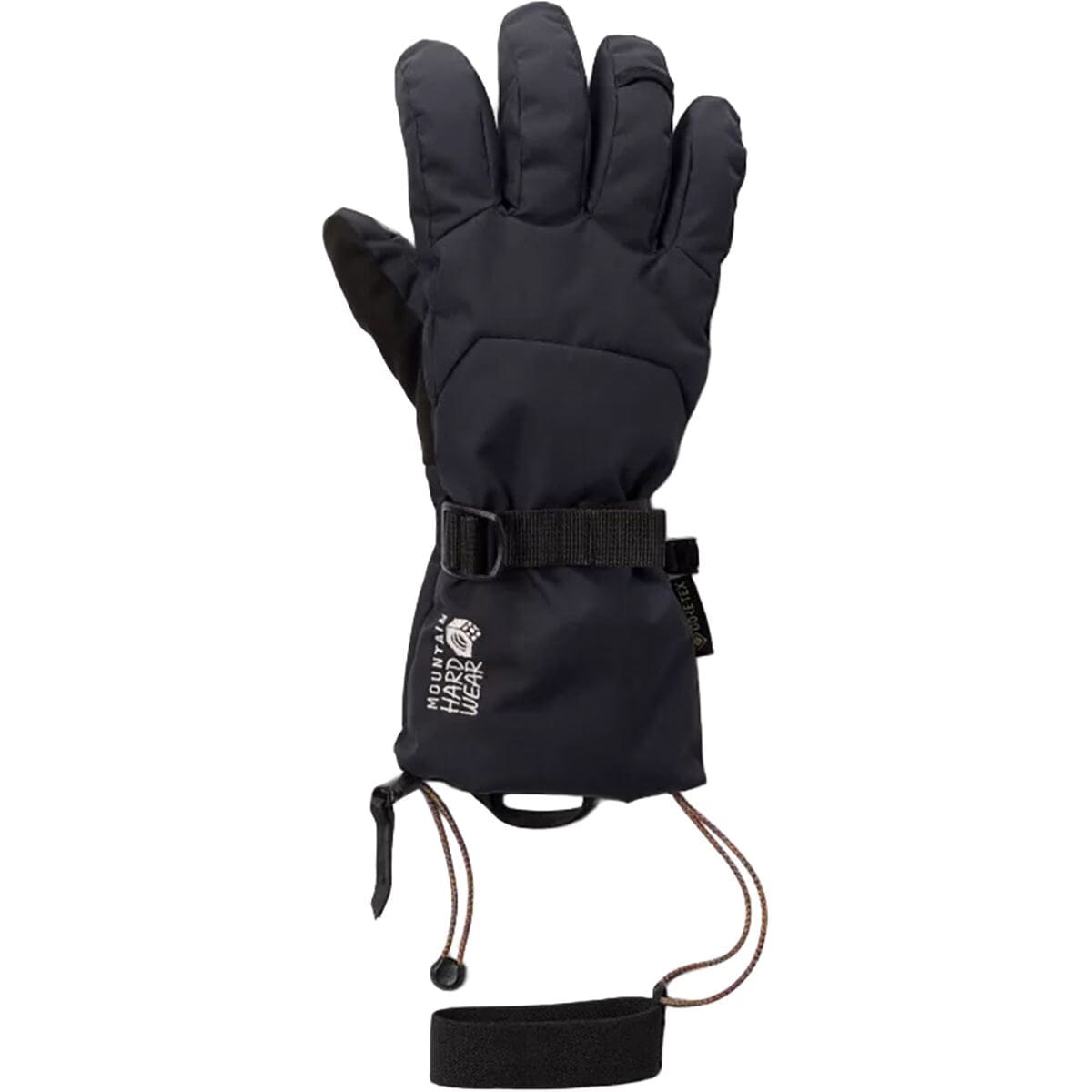 Black insulated ski glove with GORE-TEX label, wrist strap, and adjustable drawcord cuff