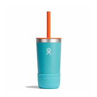 Teal insulated kids tumbler with orange straw lid and protective rubber boot base