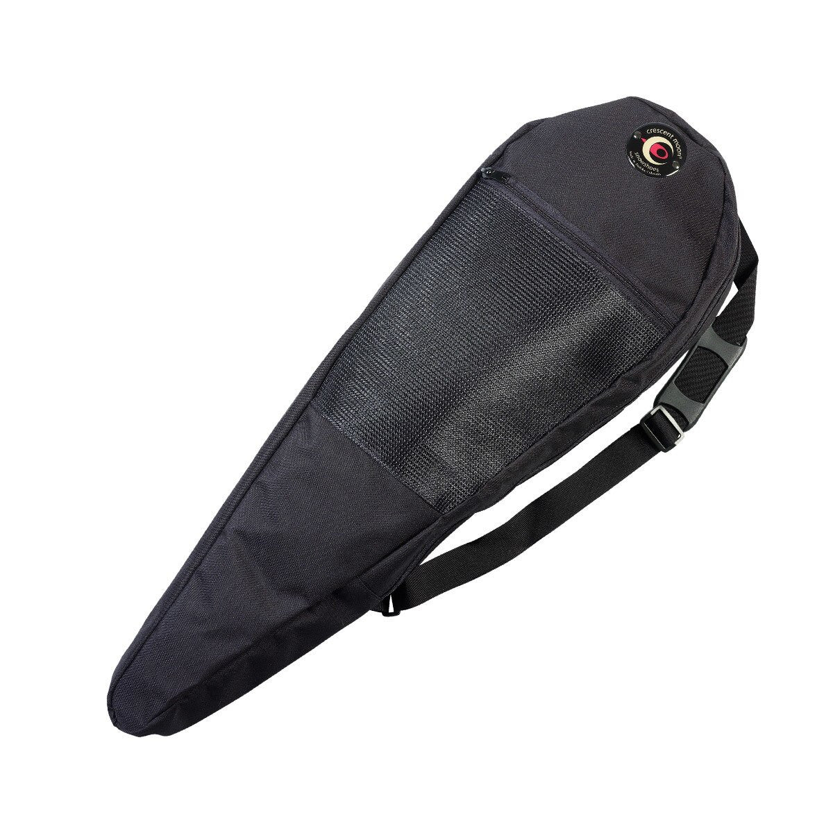 Black teardrop-shaped snowshoe carry bag with shoulder strap and mesh panel