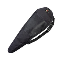 Black teardrop-shaped snowshoe carry bag with shoulder strap and mesh panel