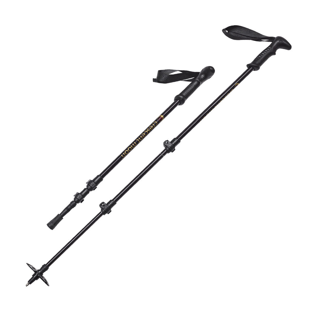 Pair of adjustable black trekking poles with ergonomic handles and wrist straps