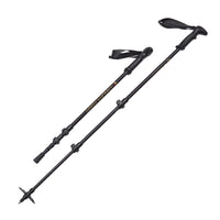 Pair of adjustable black trekking poles with ergonomic handles and wrist straps