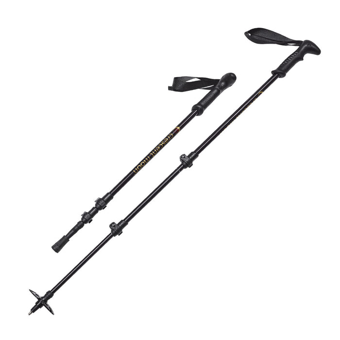 Pair of adjustable black trekking poles with ergonomic handles and wrist straps