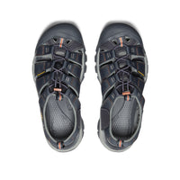 Dark hybrid sandals with protective toe caps and adjustable straps, top-down view