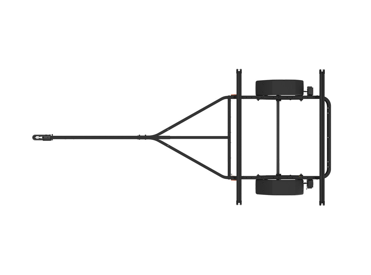 Black bicycle trailer frame with two wheels and triangular tongue hitch assembly
