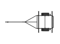 Black bicycle trailer frame with two wheels and triangular tongue hitch assembly