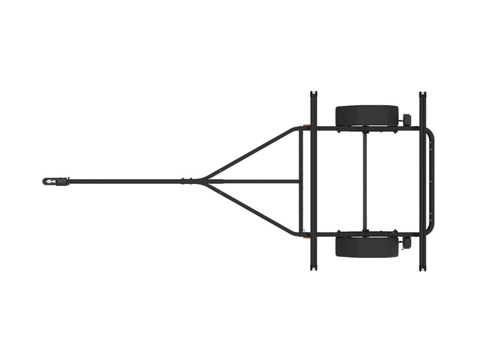 Black bicycle trailer frame with two wheels and triangular tongue hitch assembly