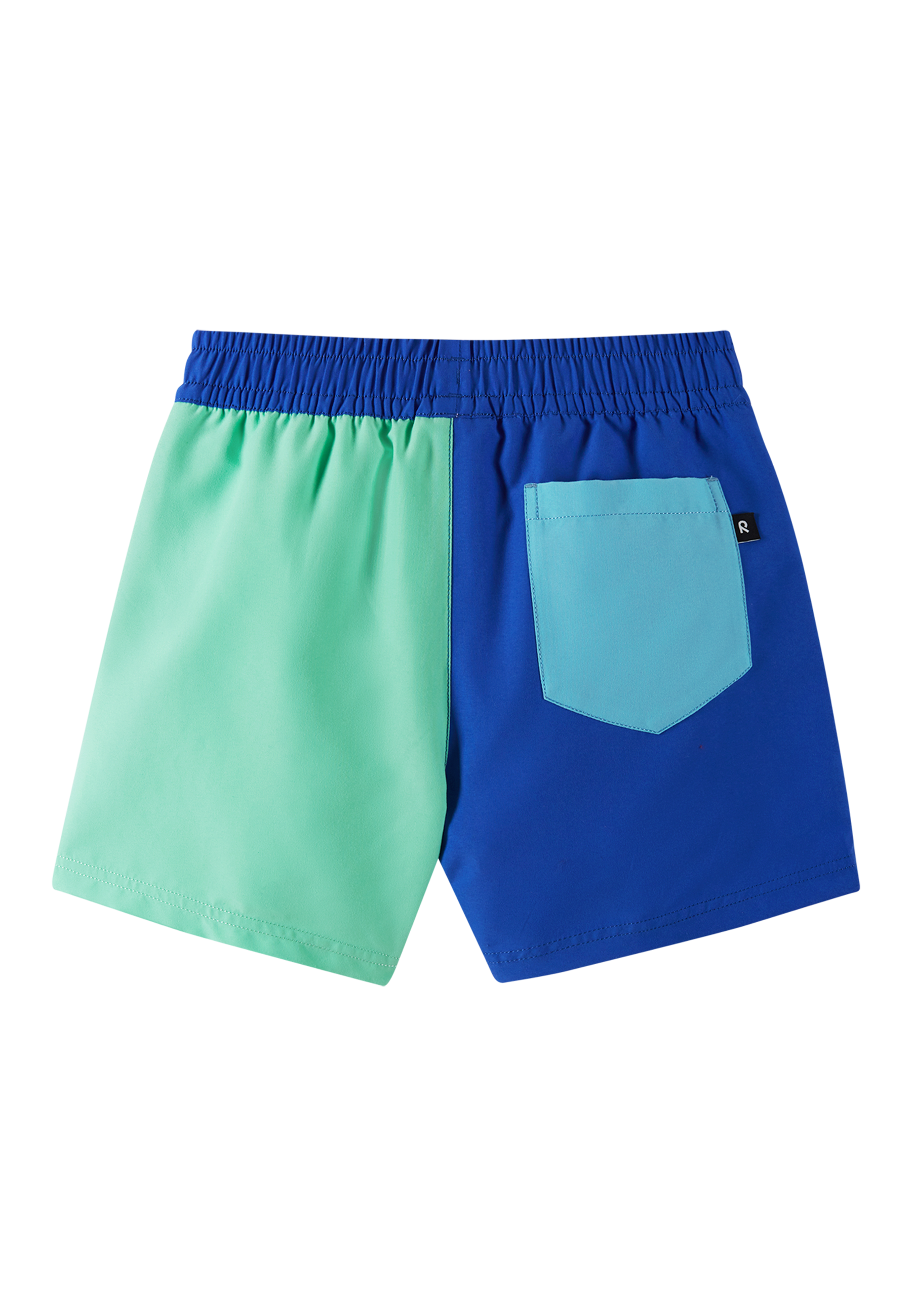 Colorblock swim shorts with elastic waistband and back pocket, rear view