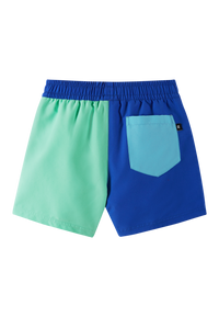 Colorblock swim shorts with elastic waistband and back pocket, rear view