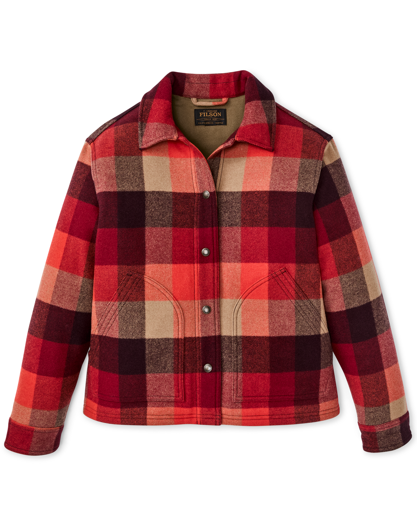 Women's plaid wool jacket with snap buttons, collar, and front pockets, flat lay view