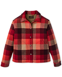 Women's plaid wool jacket with snap buttons, collar, and front pockets, flat lay view