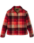Women's plaid wool jacket with snap buttons, collar, and front pockets, flat lay view