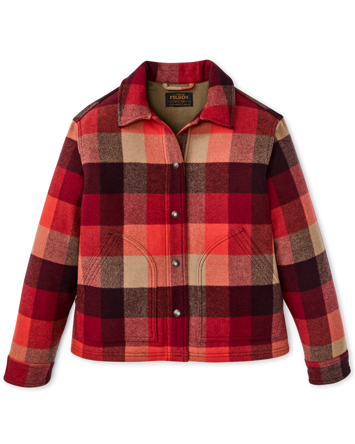 Women's plaid wool jacket with snap buttons, collar, and front pockets, flat lay view