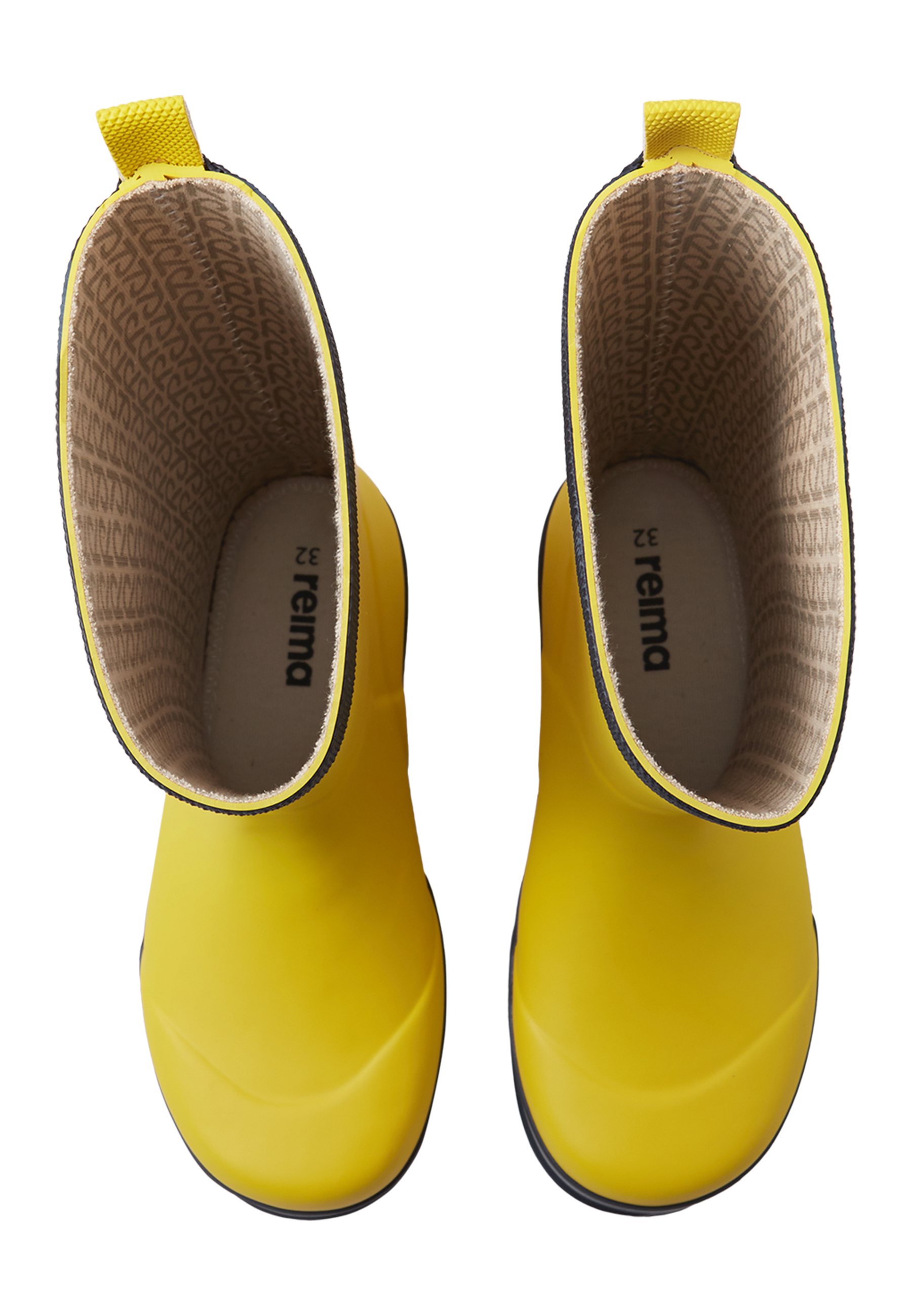 Bright yellow rain boots with pull tabs and textured lining, interior view showing brand label