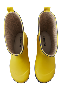 Bright yellow rain boots with pull tabs and textured lining, interior view showing brand label