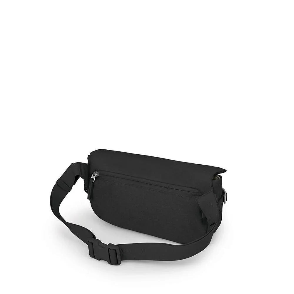 Black hip bag with adjustable strap, back view showing zippered pocket and buckle