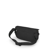 Black hip bag with adjustable strap, back view showing zippered pocket and buckle