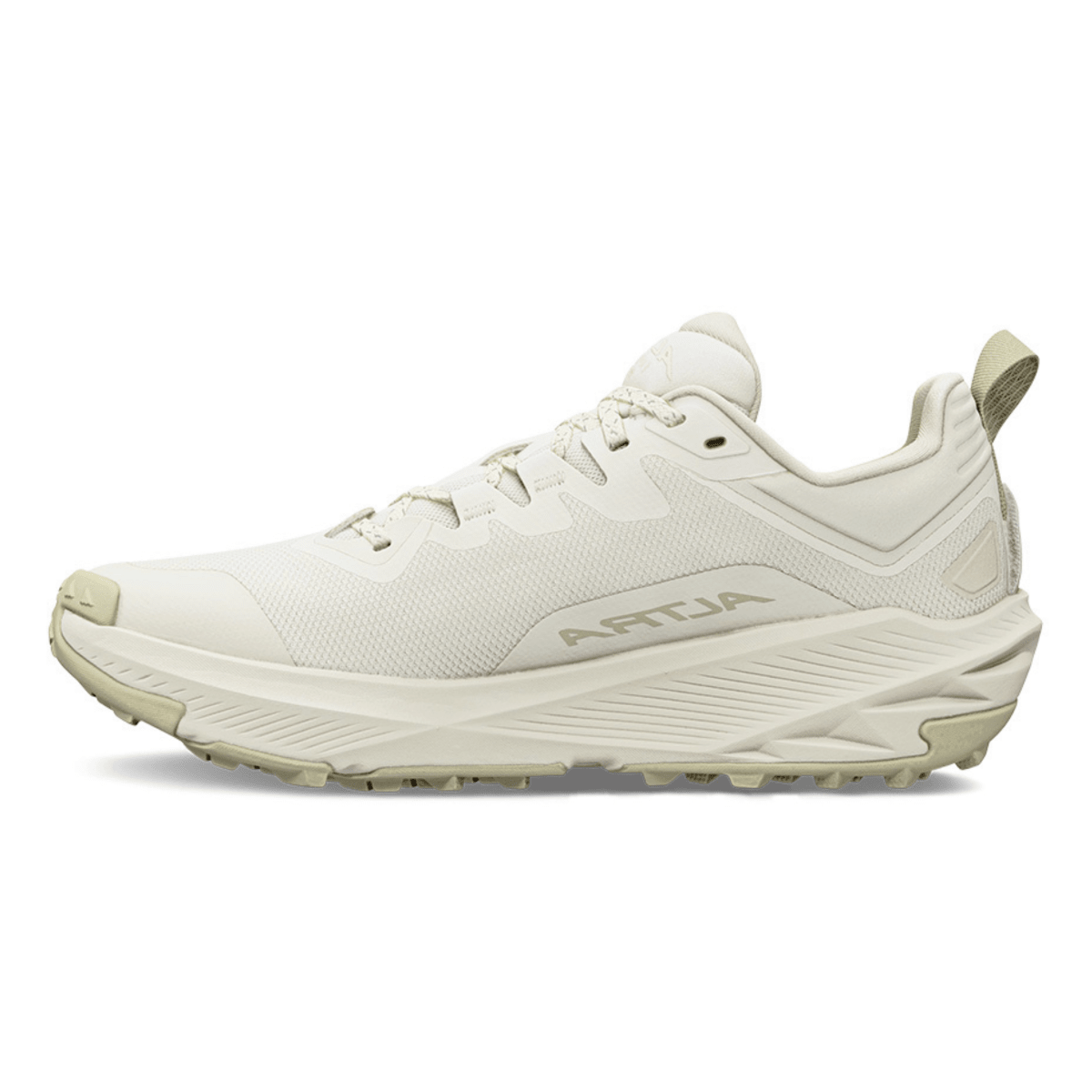 Women's trail running shoe in off-white, lateral view, with lugged outsole and mesh upper