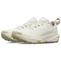 Women's trail running shoes in off-white with Vibram outsole, shown as a pair, three-quarter view