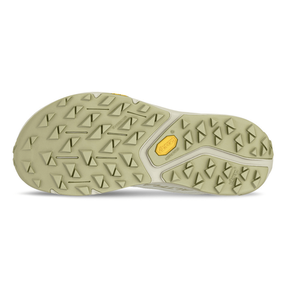 Bottom view of trail running shoe sole with triangular lugs and Vibram Megagrip technology