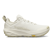 Women's trail running shoe in off-white, lateral side view, with aggressive lug outsole and heel pull tab