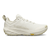 Women's trail running shoe in off-white, lateral side view, with aggressive lug outsole and heel pull tab