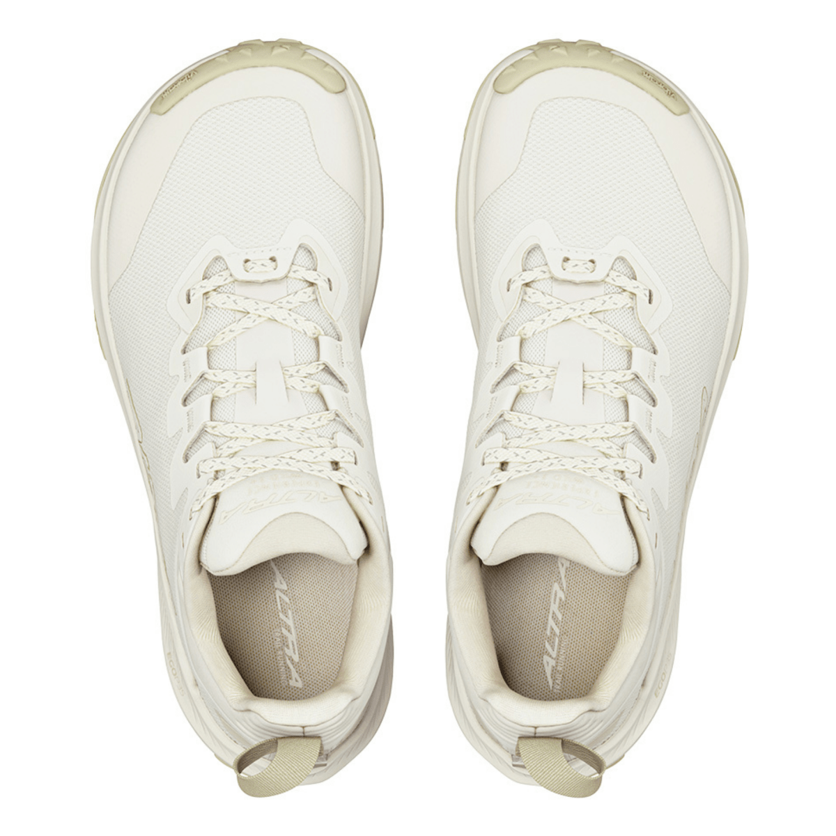 Top-down view of a pair of white wide-toe trail running shoes with cream laces
