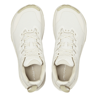 Top-down view of a pair of white wide-toe trail running shoes with cream laces