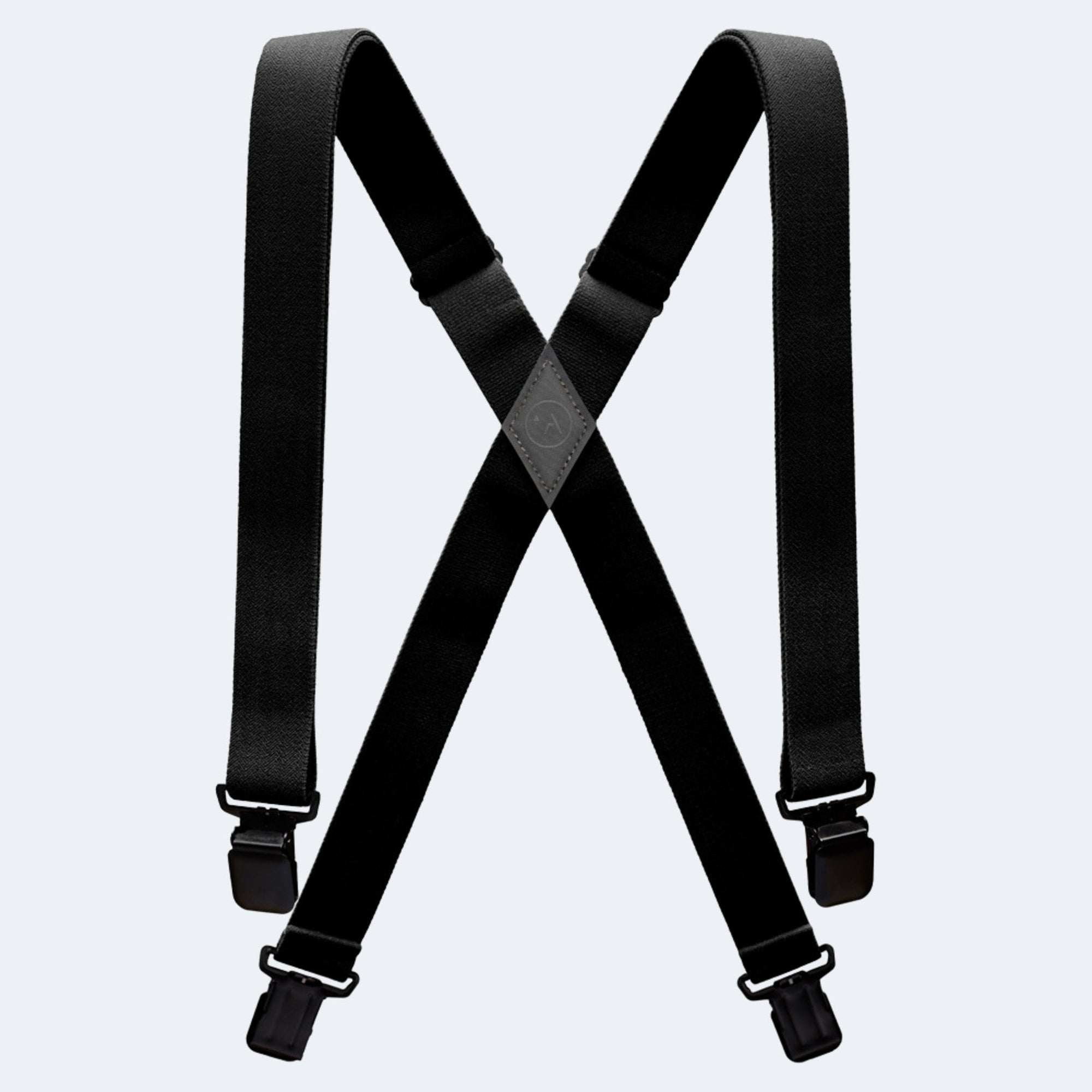 Black adjustable suspenders with X-back design and metal clips