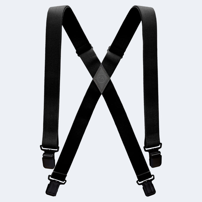 Black adjustable suspenders with X-back design and metal clips