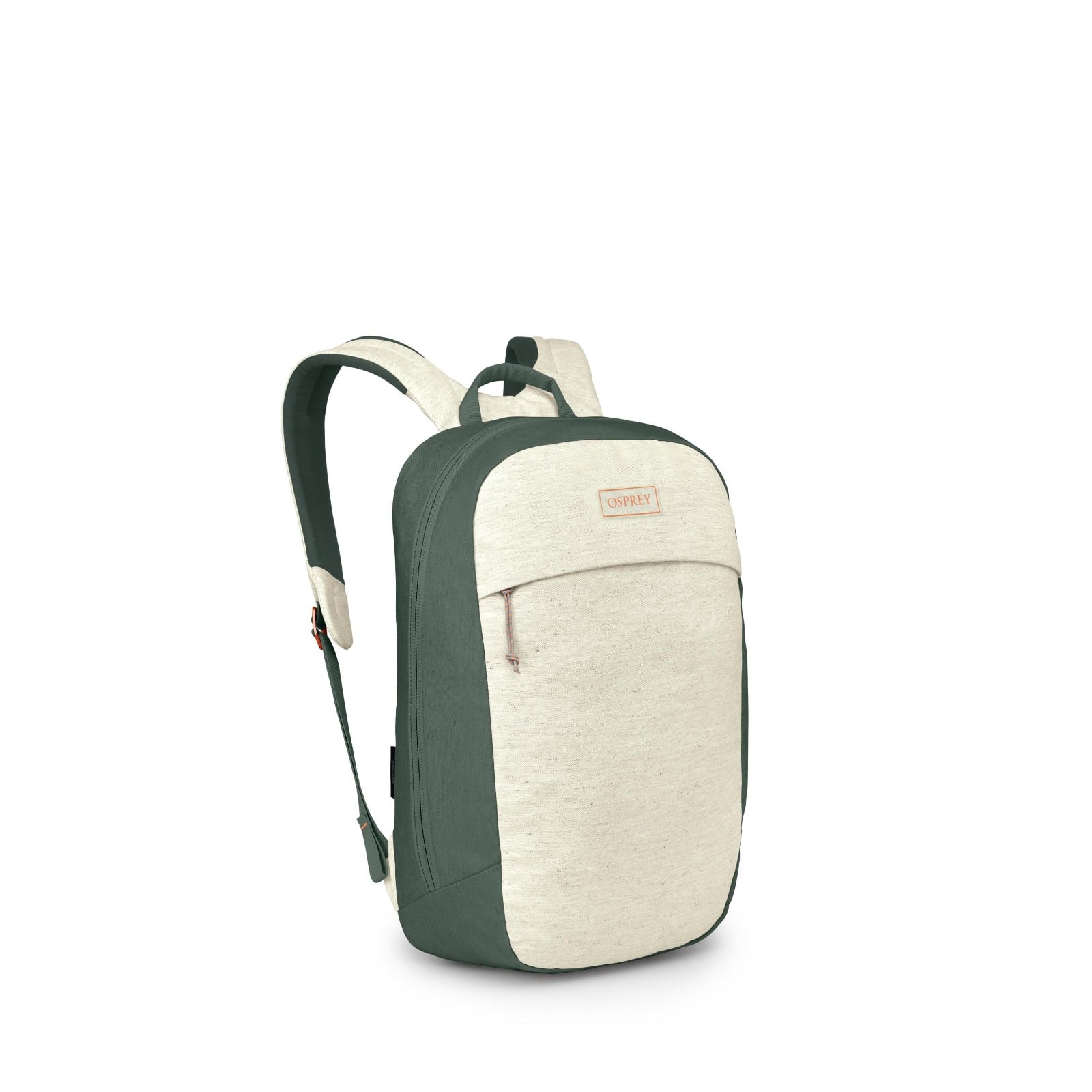 Everyday backpack with cream heathered body, dark green straps and trim, front zip pocket, side angle view