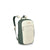 Everyday backpack with cream heathered body, dark green straps and trim, front zip pocket, side angle view