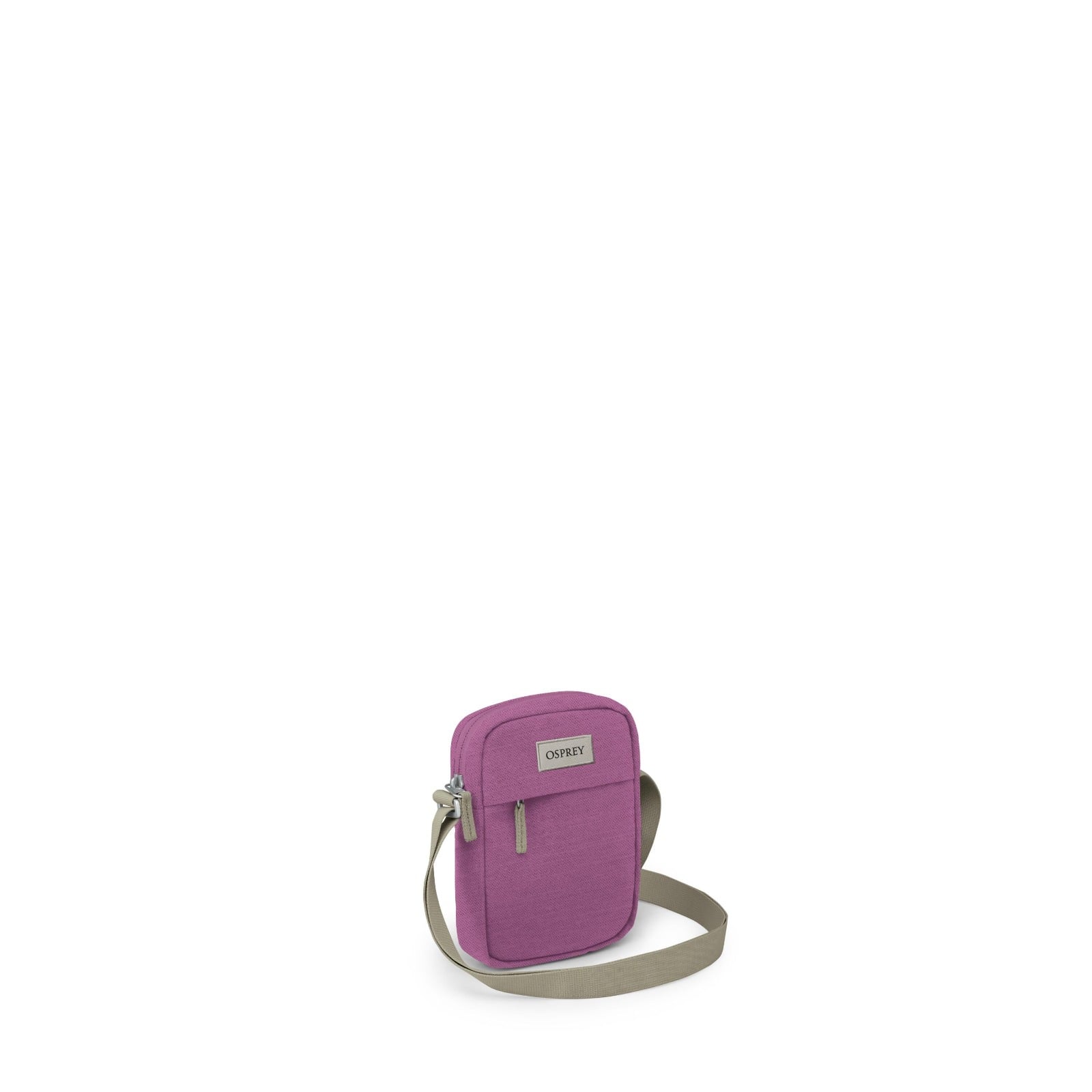 Small purple crossbody bag with tan adjustable strap and front zip pocket, side angle view