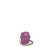 Small purple crossbody bag with tan adjustable strap and front zip pocket, side angle view