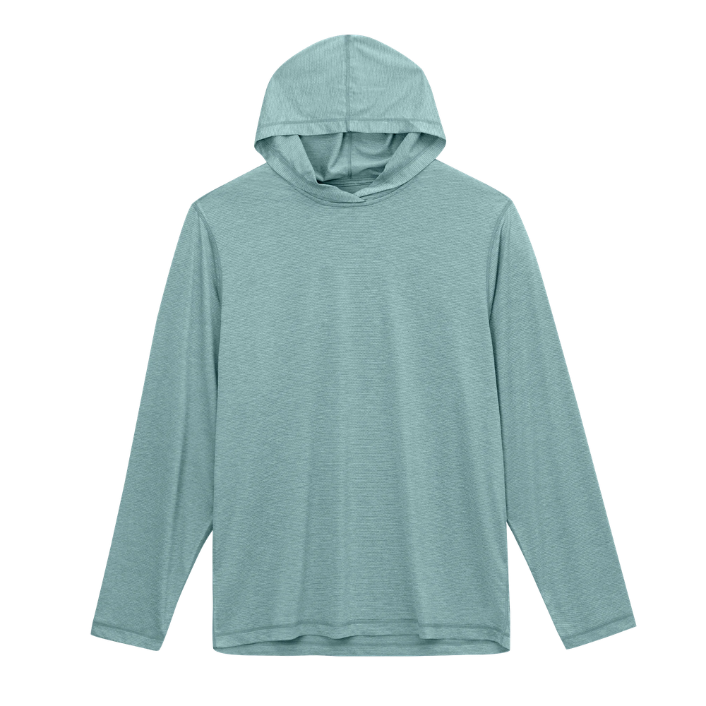 Lightweight long-sleeve hoodie in muted teal, pullover style, front view, no zipper