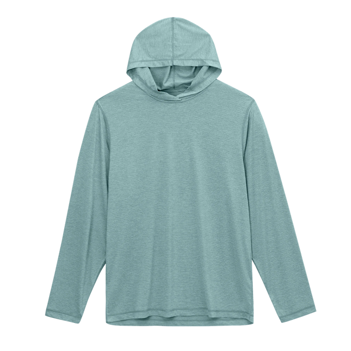 Lightweight long-sleeve hoodie in muted teal, pullover style, front view, no zipper