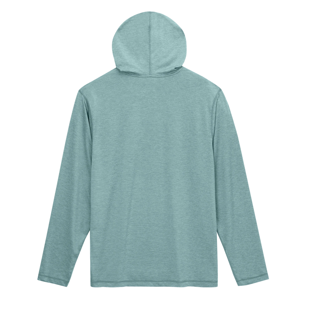 Lightweight long-sleeve sun hoodie in heathered teal, back view showing hood and seam detail