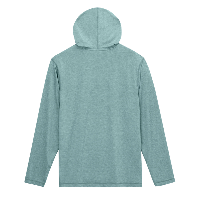 Lightweight long-sleeve sun hoodie in heathered teal, back view showing hood and seam detail