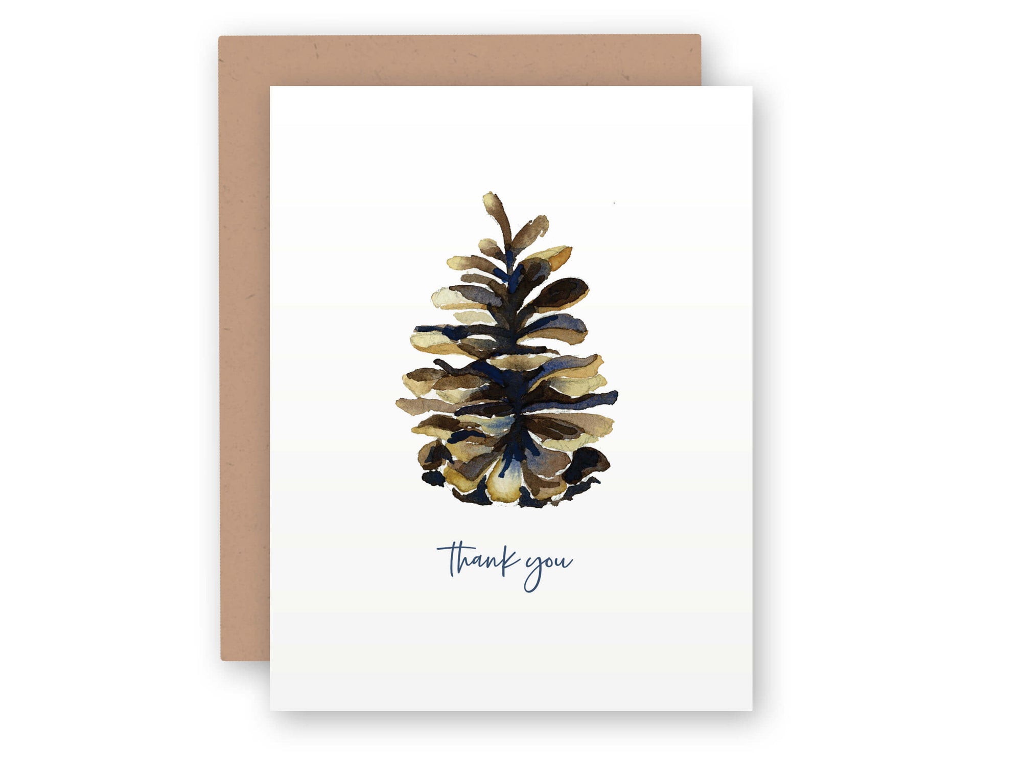 White greeting card with watercolor pinecone illustration in brown and blue, thank you text below