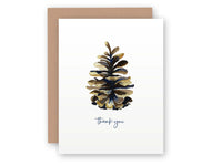 White greeting card with watercolor pinecone illustration in brown and blue, thank you text below