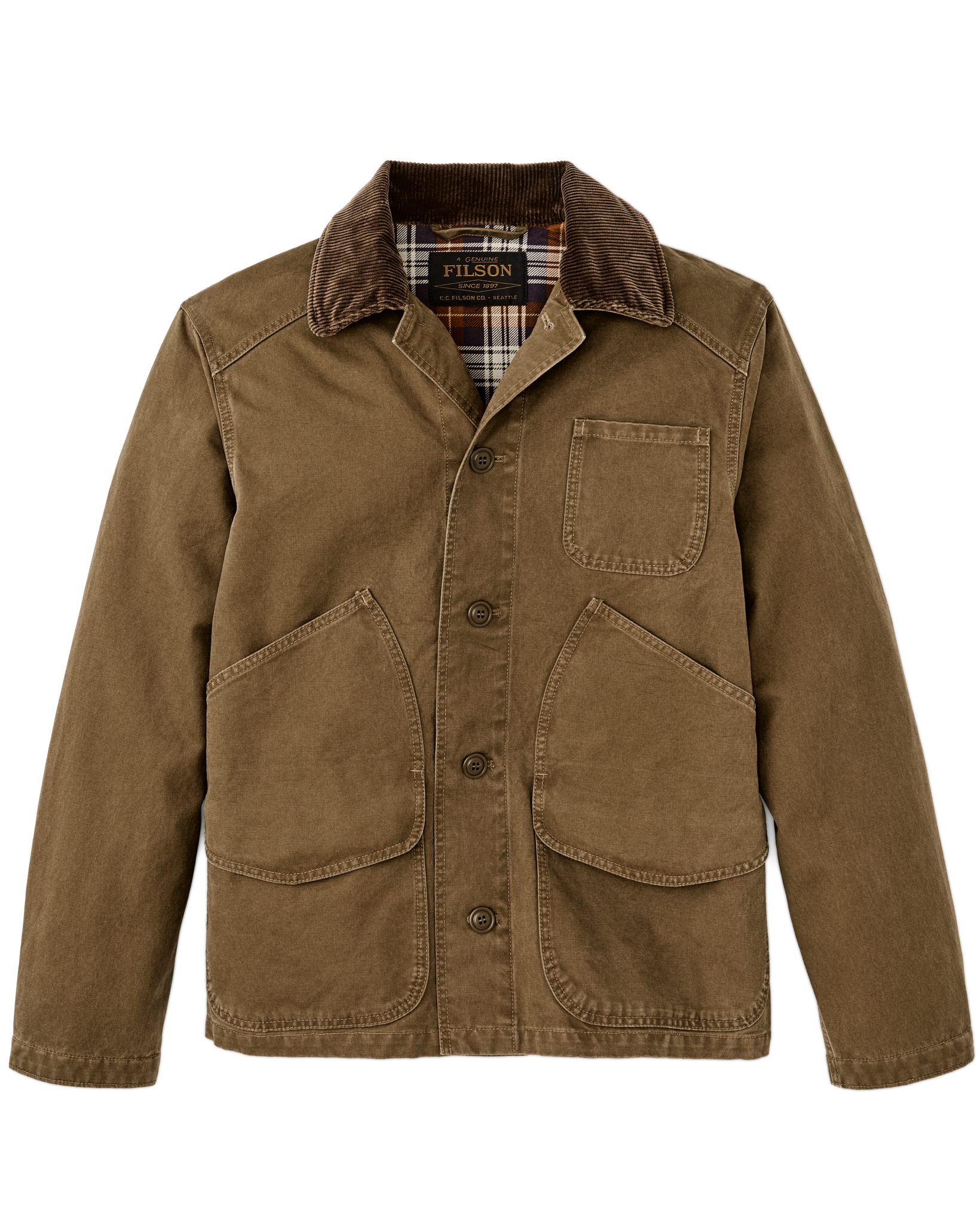 Men's canvas barn jacket in tan brown with corduroy collar, plaid lining, and multiple pockets